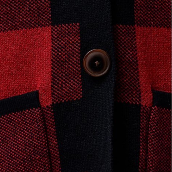 Denim & Co. Hooded Jacquard Sweater Knit Cardigan/Apple Red & Black/L/NEW! - Picture 4 of 6